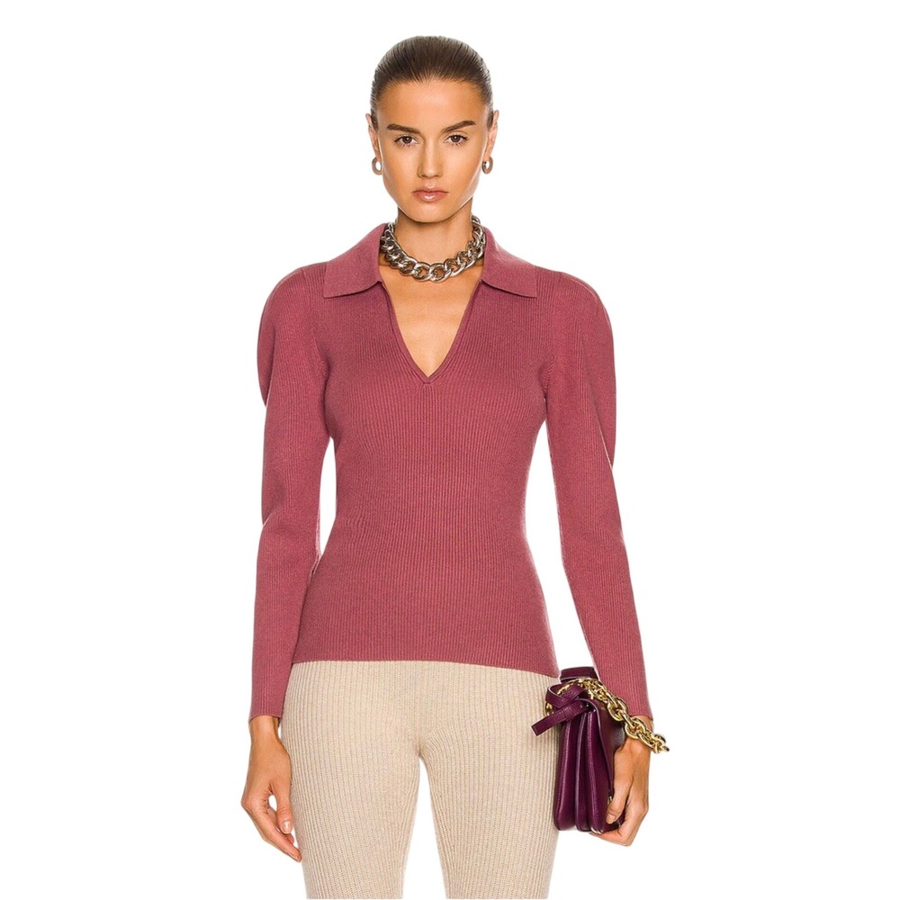 Jonathan Simkhai Polo Top Women XS Rose Pink New Puff Sleeve Ribbed Knit